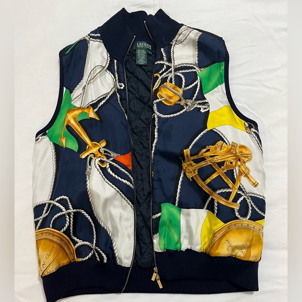 LRL Sailing Vest Lauren Ralph Lauren Nautical Zip Up 100% Silk Large